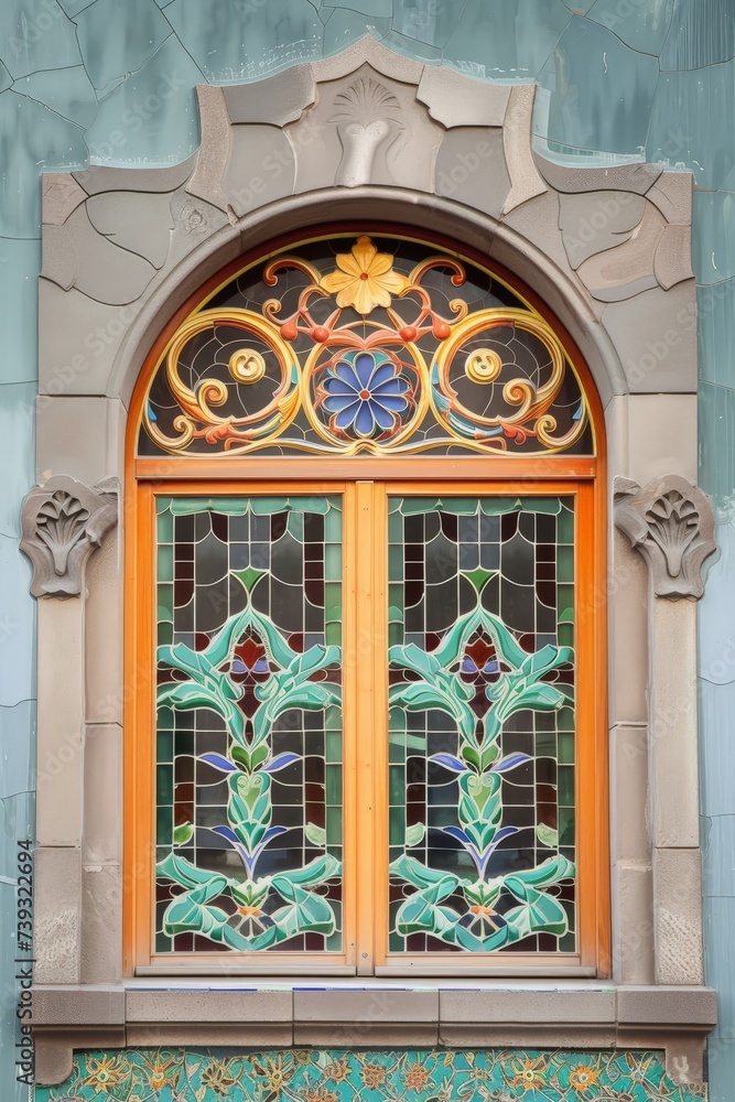 a stained glass window with a floral design