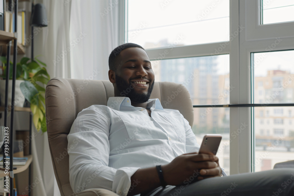 Smiling Mixed Race Businessman Networking in Office by Window. Generative AI. Smiling Mixed Race Businessman Networking in Office by Window. Generative AI.