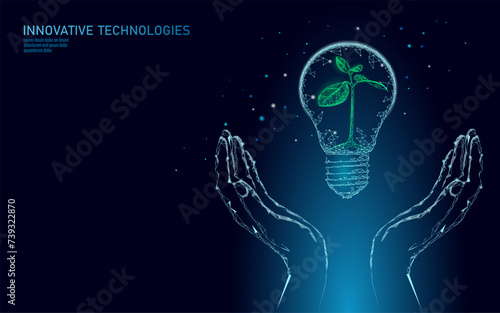  Hand holding light Bulb lamp saving energy ecology concept. Polygonal blue sprout small plant seedling inside electricity green energy power banner vector illustration