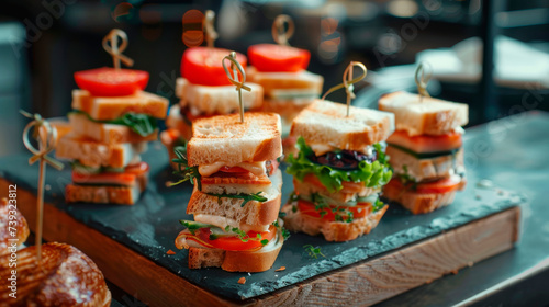 A set of mini sandwiches on a board in a restaurant.