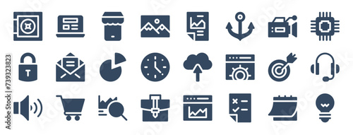 set of 24 digital marketing web icons in glyph style such as mobile store, upload, statistics, test, idea, target. vector illustration.