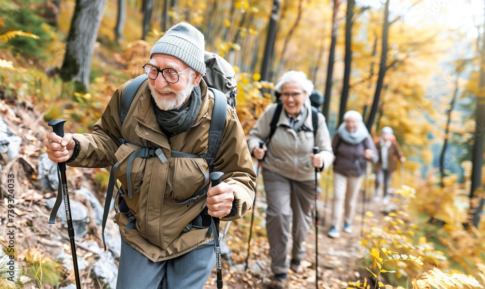 Active Seniors Enjoying Autumn Trekking Adventure