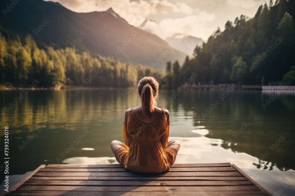 Young woman is meditating on wooden pier - obrazy, fototapety, plakaty 
