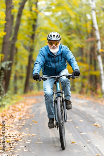 Active Senior Man Cycling in Autumn Park