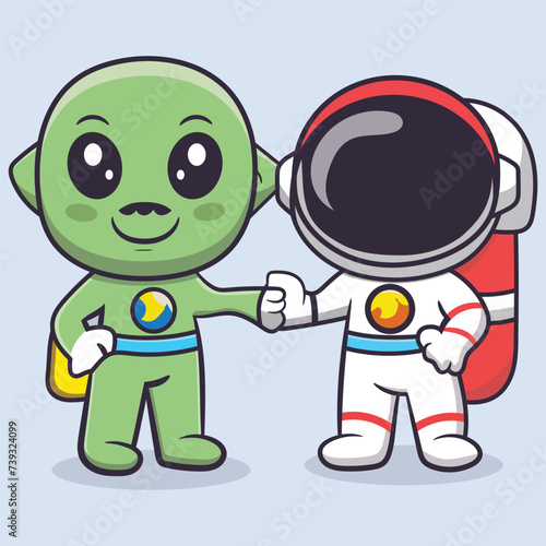 Vector cute alien and astronaut friend fist bump hand drawn illustration. science technology icon flat style