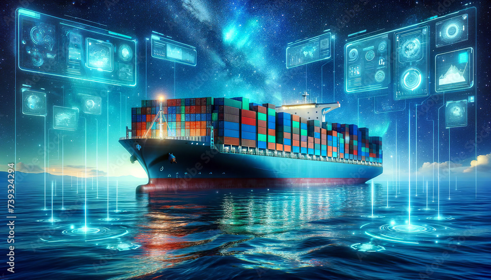 A cargo ship laden with colorful containers at sea, under a starry sky ...