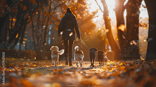 person walking dogs in autumn park