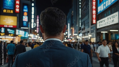 Back view of a businessman in a suit strolling through the bustling city streets.