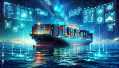 A cargo ship laden with colorful containers at sea, under a starry sky with futuristic holographic displays projecting data and navigation information..Logistics solutions in the future.AI generated. photo