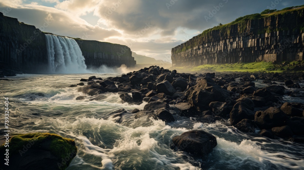 A powerful and solitary waterfall, the spray creating rainbows in the sunlight, the rugged landscape
