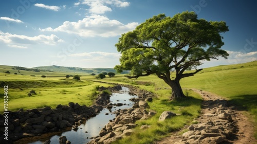 A lone tree standing sentinel beside a rural pathway, the surrounding fields a lush green, the quiet © ProVector