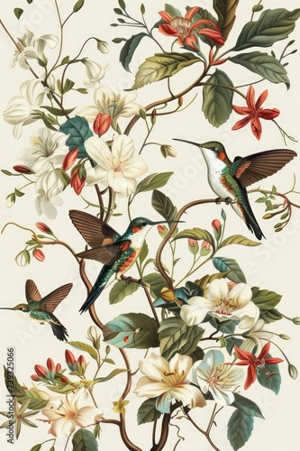 Wallpaper Mural Hummingbirds, vintage floral botanical illustration Audubon style, neutral colors Torontodigital.ca