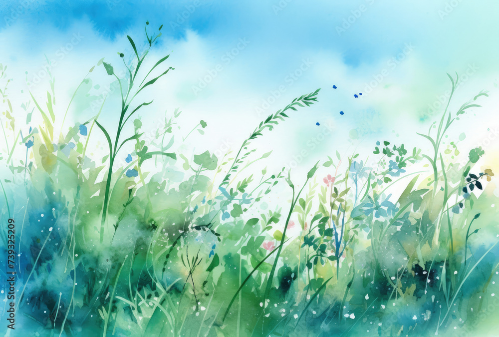 Painting of Grass and Flowers on a Sunny Day