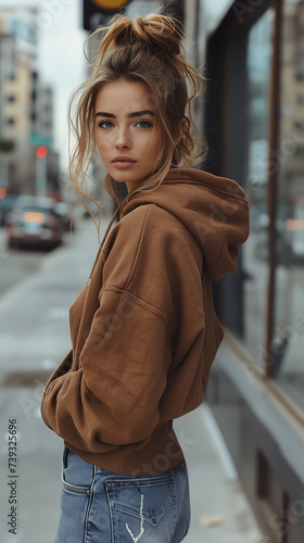 Mock Up Design of a beautiful female model wearing a brown hoodie. Suitable for designing patterns on clothing, logos, stickers or other advertisements.