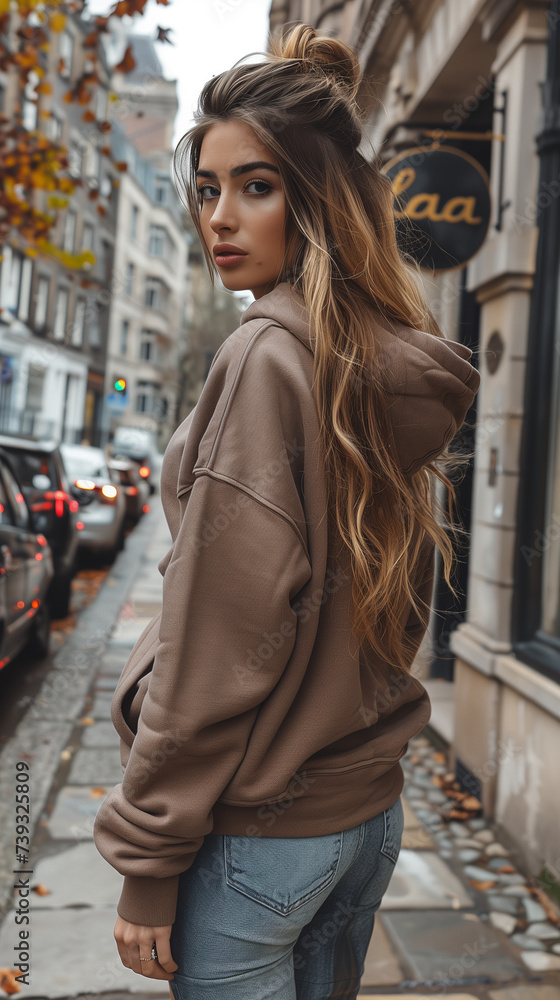 Mock Up Design of a beautiful female model wearing a brown hoodie. Suitable for designing patterns on clothing, logos, stickers or other advertisements.
