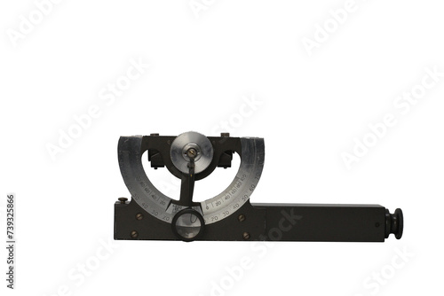 Vintage metal measuring instrument clinometer, inclinometer, for calculating degrees, angles, slope, elevation , isolated image .
