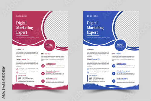 Digital Marketing Expert Flyer, Business Marketing Flyer, corporate Business Flyer Vector Template pink and blue color Design.