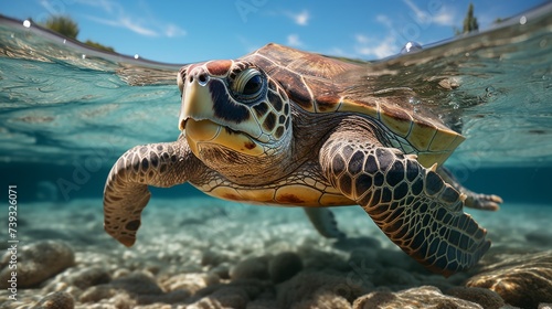 A solitary sea turtle gliding through the water, the patterns on its shell a unique signature, the p