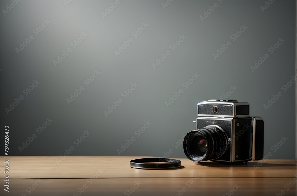 old vintage camera on wooden background with blue wall, old photo camera on wooden background - obrazy, fototapety, plakaty 