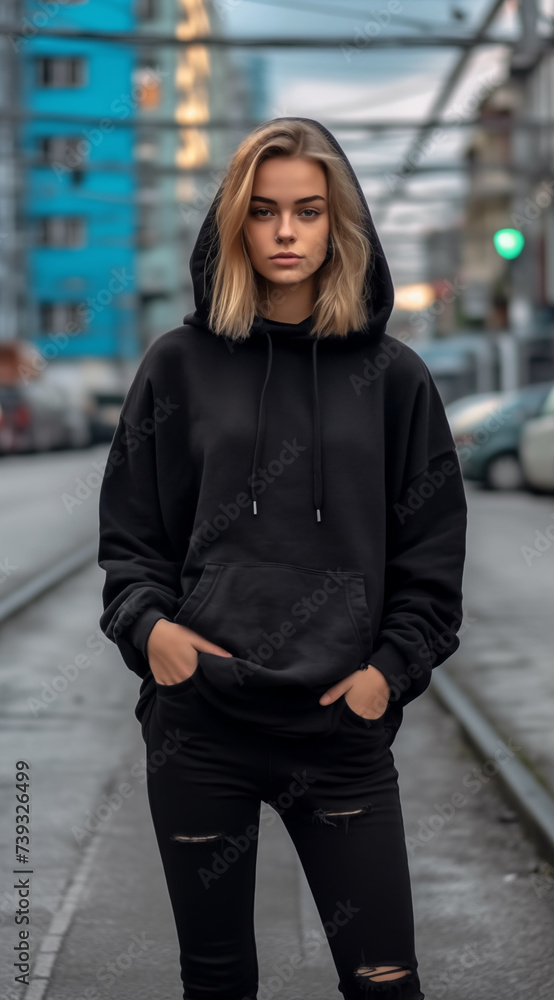 Mock Up Design of a beautiful female model wearing a black hoodie. Suitable for designing patterns on clothing, logos, stickers or other advertisements.