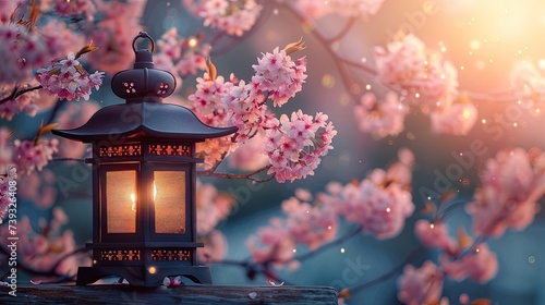 Close up lantern with cherry blossoms background, ai generative