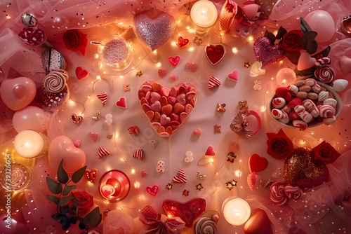 light table, valentine's day decorations, hearts and candies around, bohemian style, a lot of accesories, pink and red colors