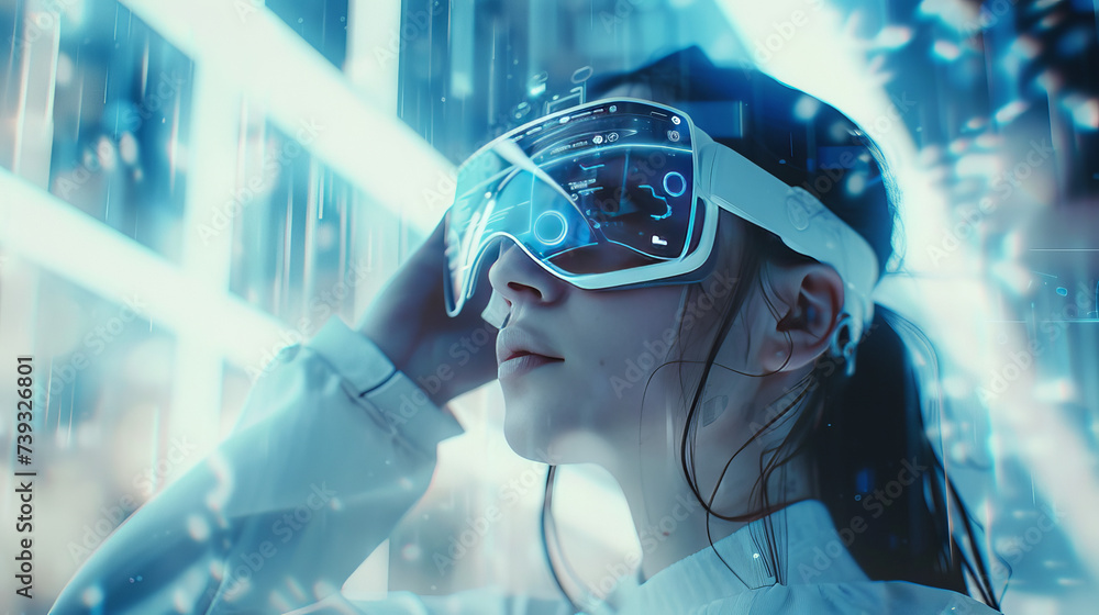 woman with augmented reality headset, holographic interface surroundings - obrazy, fototapety, plakaty 
