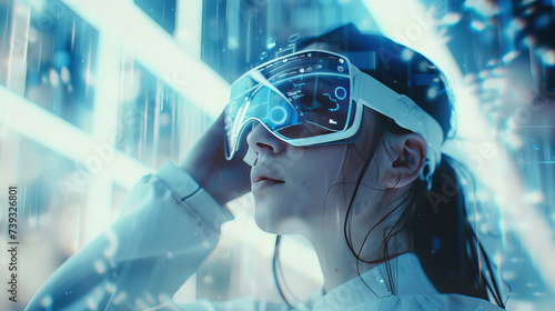 woman with augmented reality headset, holographic interface surroundings