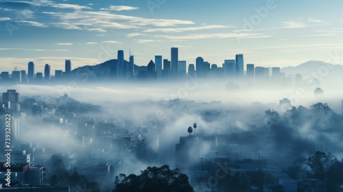 A foggy morning seen from a high vantage point  the tops of buildings peeking through a blanket of f
