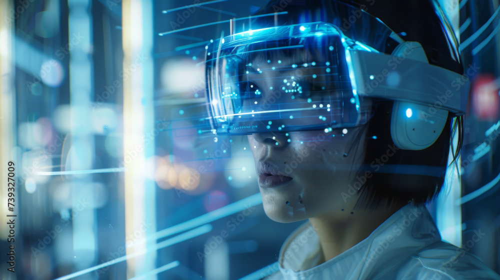 woman with augmented reality headset, holographic interface surroundings woman with augmented reality headset, holographic interface surroundings