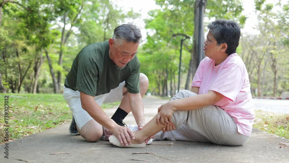 An elderly Asian woman injured her ankle from jogging. Husband gives first aid. Accidents in the elderly. Sports concept. Health care An elderly Asian woman injured her ankle from jogging. Husband gives first aid. Accidents in the elderly. Sports concept. Health care