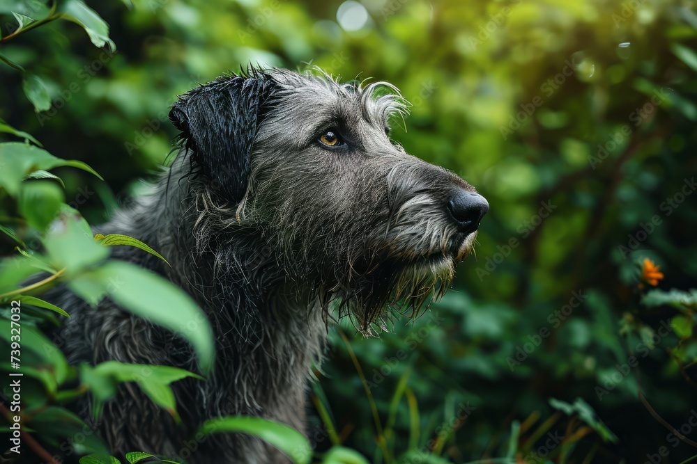 Irish Wolfhound Dog in Greenery photography texture. Portrait of Irish Wolfhound Dog in nature. Irish Wolfhound Dog in Greenery photography texture. Portrait of Irish Wolfhound Dog in nature.