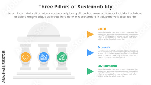 three pillars sustainability framework with ancient classic construction infographic 3 point stage template with round building and circle pillar badge for slide presentation