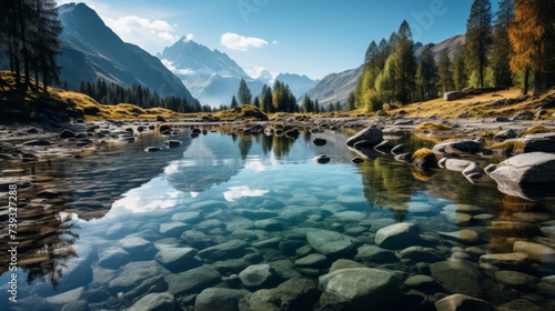 A tranquil mountain lake  crystal clear waters reflecting the towering peaks  a gentle mist rising f