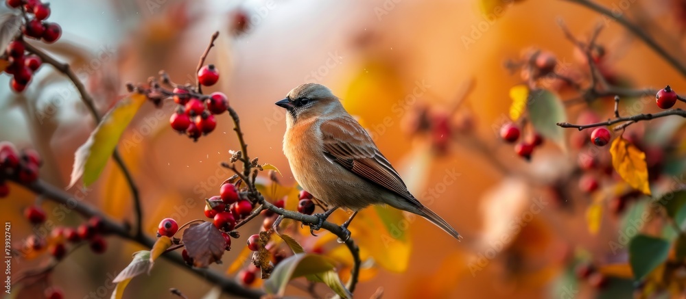 Serene bird perching on tree branch with ripe red berries in natural environment