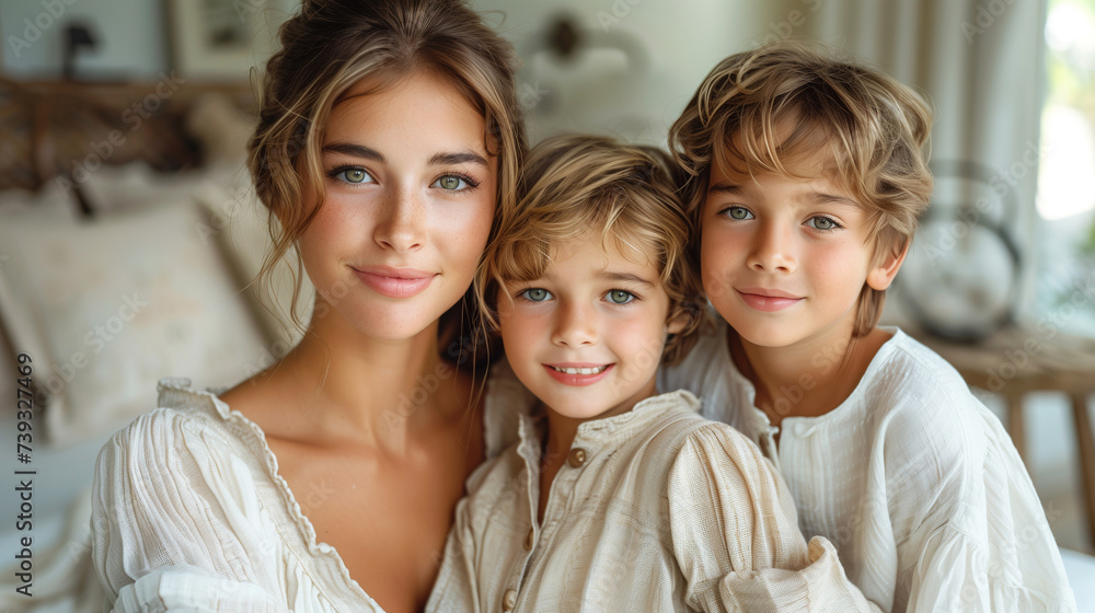 Young stylish lady in a candid family embrace, son, daughter, modern bright white tones room. highlighting their genuine joy. Young stylish lady in a candid family embrace, son, daughter, modern bright white tones room. highlighting their genuine joy.