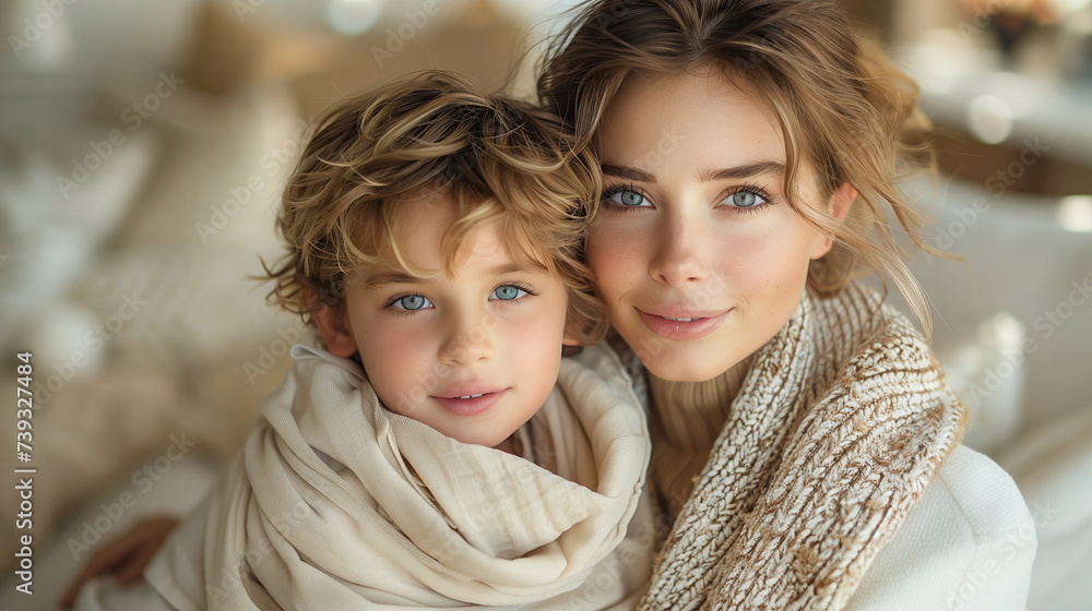 Young stylish lady in a candid family embrace, son, daughter, modern bright white tones room. highlighting their genuine joy. Young stylish lady in a candid family embrace, son, daughter, modern bright white tones room. highlighting their genuine joy.