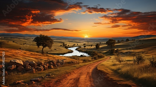 A panoramic view of rolling hills and sun-drenched fields  the setting sun casting a warm golden hue