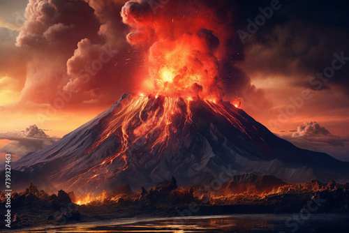 A majestic volcano spewing lava, dark plumes rising against a fiery sky. Generative AI.