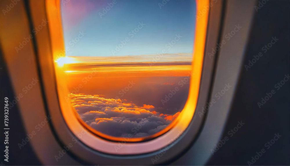 O céu com nuvens alaranjadas em um bonito pôr-do-sol, vistos através da janela de um avião. O céu com nuvens alaranjadas em um bonito pôr-do-sol, vistos através da janela de um avião.