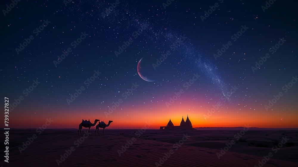 Desert Night with Crescent Moon and Camel Silhouettes
