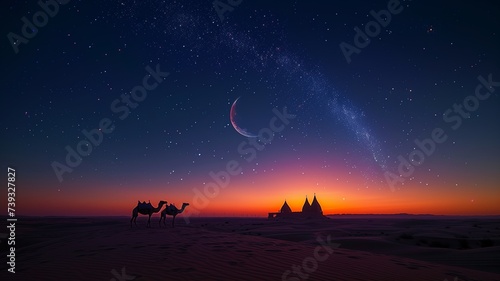 Desert Night with Crescent Moon and Camel Silhouettes 