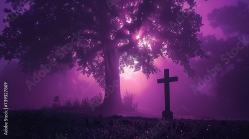 tree and cross silhouette, surreal mystical ambiance