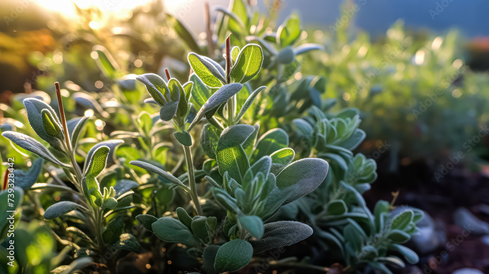 A sage bush being rubbed in the garden, showcasing the process of growing medicinal herbs for homeopathy and aromatherapy. Herbal treatment and natural plant lifestyle background. A sage bush being rubbed in the garden, showcasing the process of growing medicinal herbs for homeopathy and aromatherapy. Herbal treatment and natural plant lifestyle background.