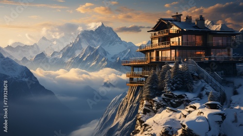 A remote mountain research facility, perched high above the clouds, surrounded by towering peaks, th photo