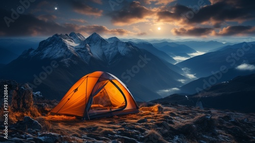 A lone tent pitched on a mountain ridge, starry night sky above, distant peaks visible, showcasing t