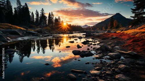 A serene alpine lake at sunset  the sky ablaze with colors  the silhouettes of pine trees framing th