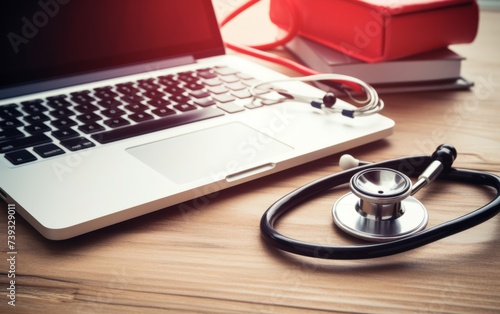 Amidst the clutter of an office space, a stethoscope rests beside a sleek laptop, a symbol of the intersection between technology and healthcare. Medicine and technology.