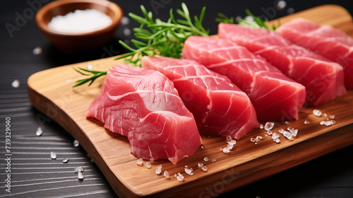 Raw tuna sashimi on wooden plate with salt