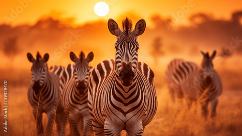 zebras at sunset on savannah 